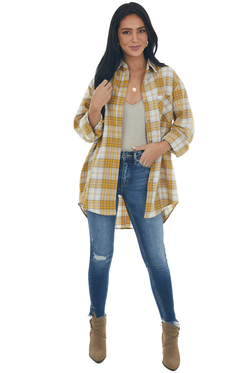 Mustard Plaid Single Chest Pocket Flannel