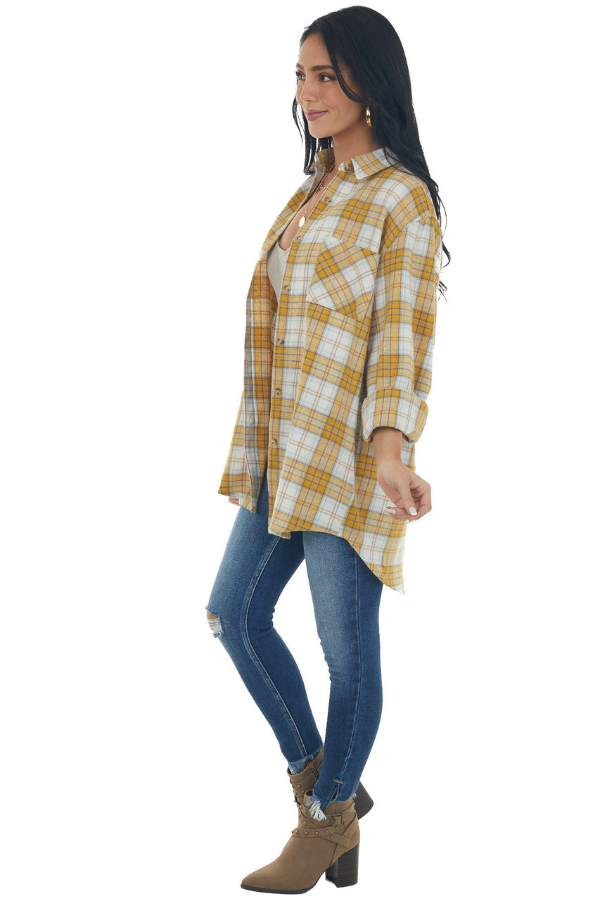 Mustard Plaid Single Chest Pocket Flannel