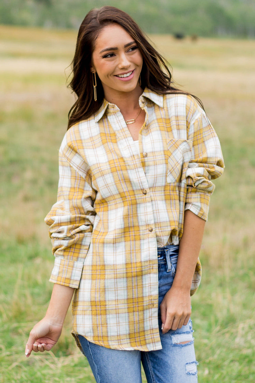Mustard Plaid Single Chest Pocket Flannel 