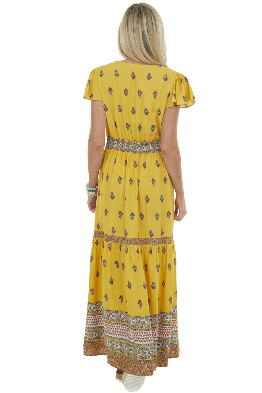Mustard Printed Surplice Woven Maxi Dress