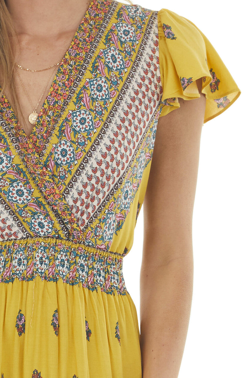 Mustard Printed Surplice Woven Maxi Dress