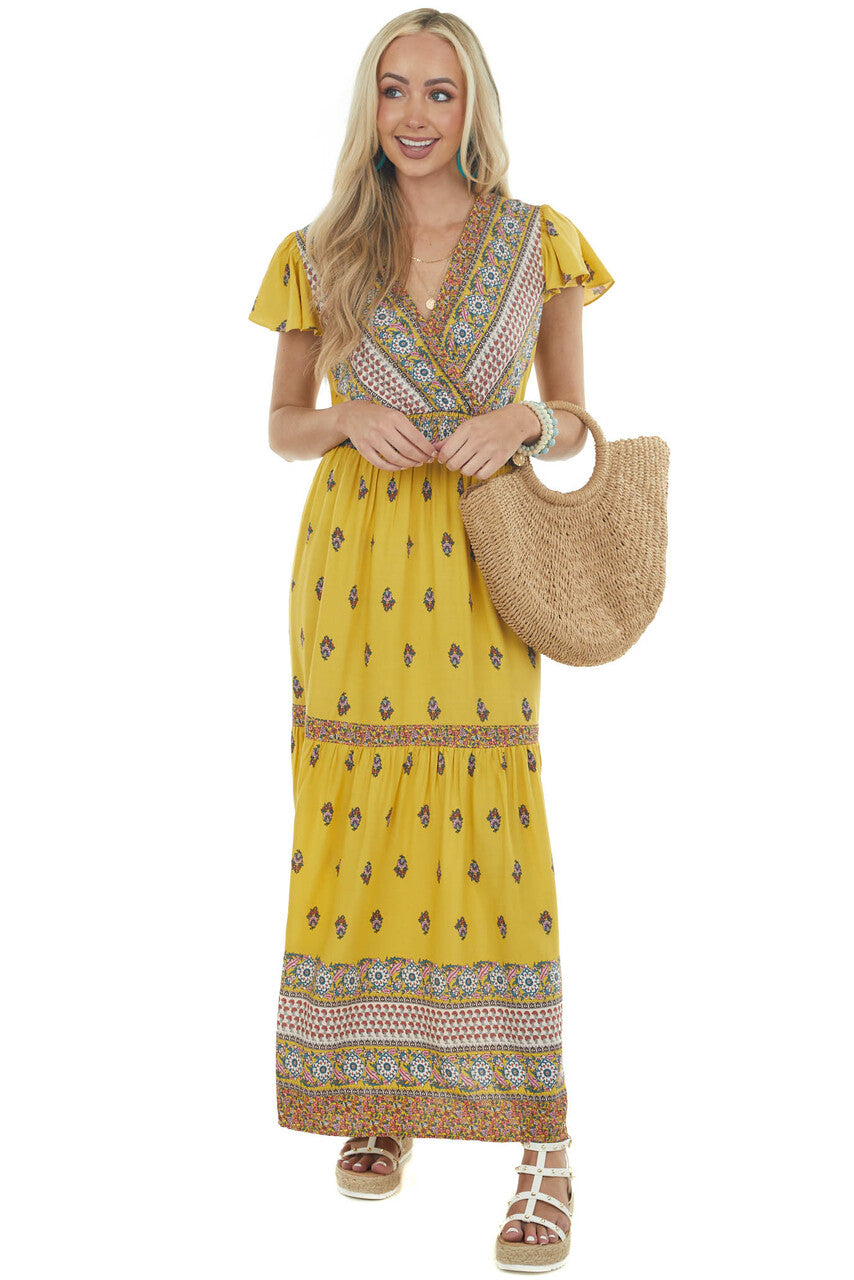 Mustard Printed Surplice Woven Maxi Dress