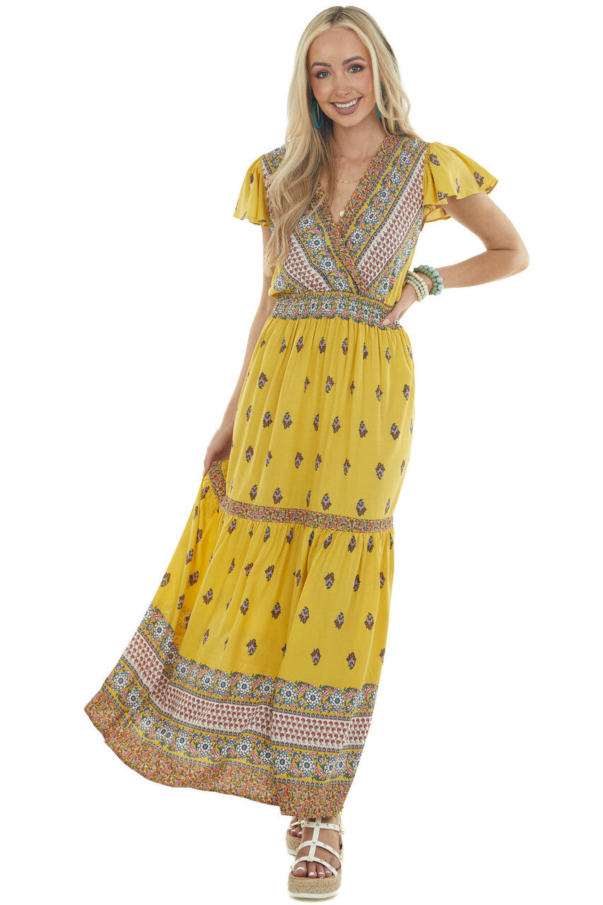 Mustard Printed Surplice Woven Maxi Dress