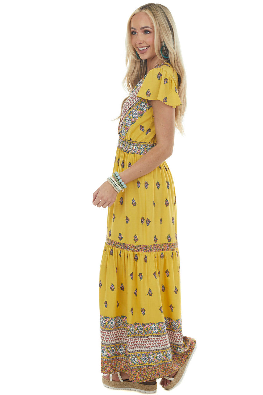 Mustard Printed Surplice Woven Maxi Dress