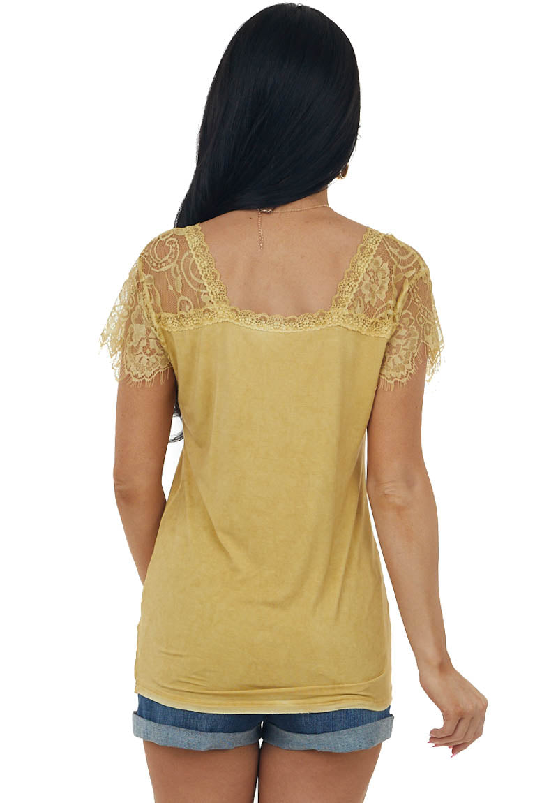 Mustard Scoop Neck Top with Sheer Lace Sleeves and Fringe