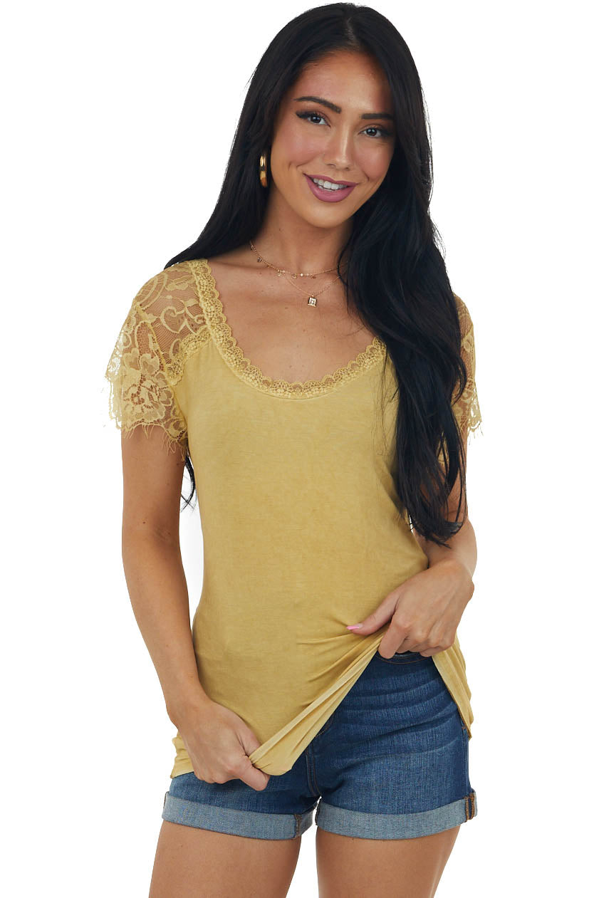 Mustard Scoop Neck Top with Sheer Lace Sleeves and Fringe