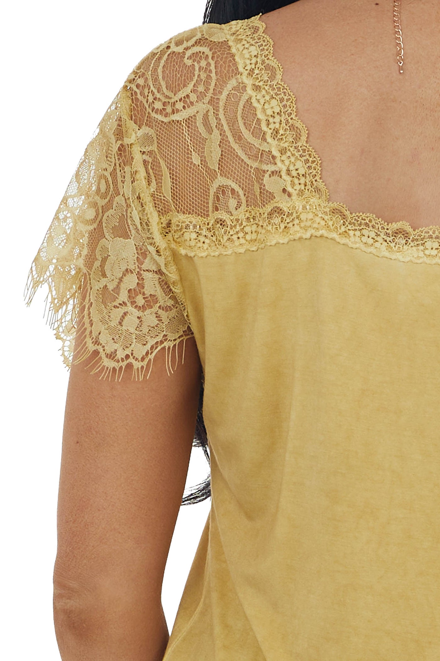 Mustard Scoop Neck Top with Sheer Lace Sleeves and Fringe