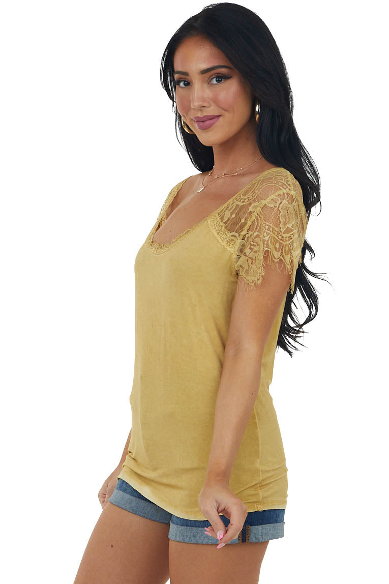 Mustard Scoop Neck Top with Sheer Lace Sleeves and Fringe