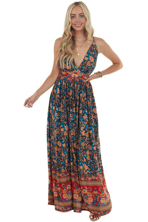 Navy and Red Floral Print Backless Maxi Dress 