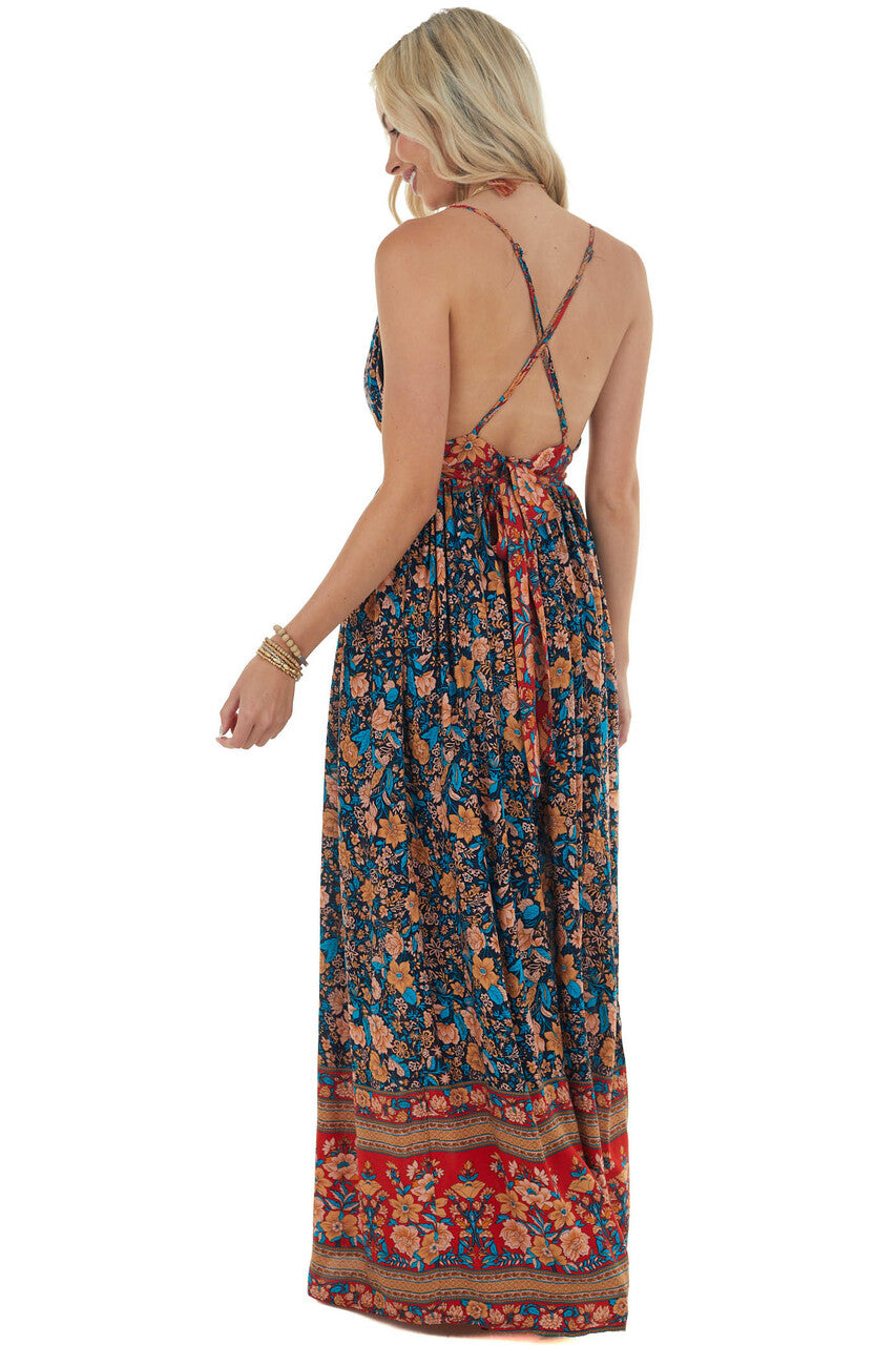 Navy and Red Floral Print Backless Maxi Dress 