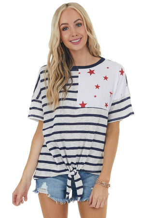 Navy and White Striped Top with Contrasting Red Star Detail