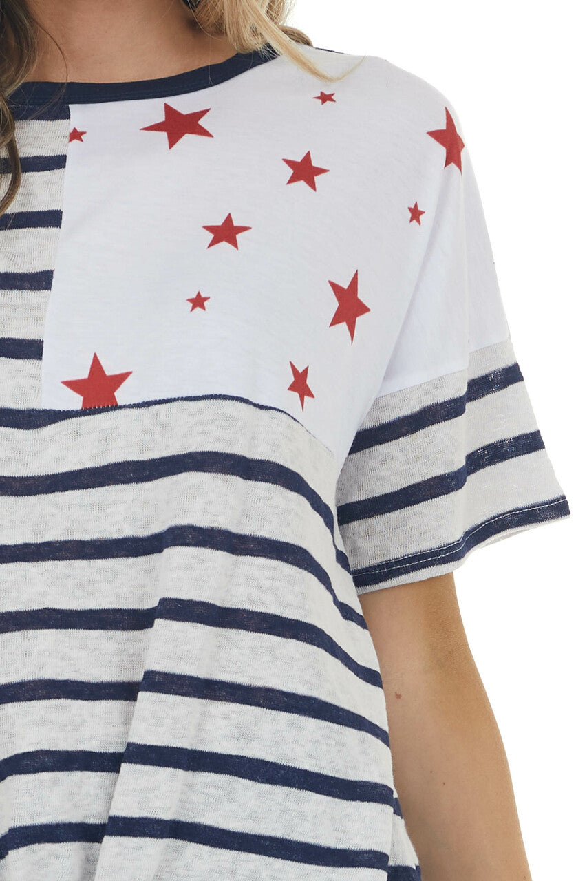 Navy and White Striped Top with Contrasting Red Star Detail