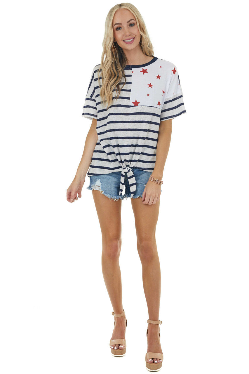 Navy and White Striped Top with Contrasting Red Star Detail