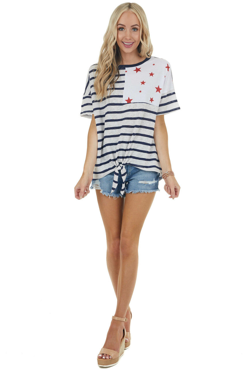 Navy and White Striped Top with Contrasting Red Star Detail