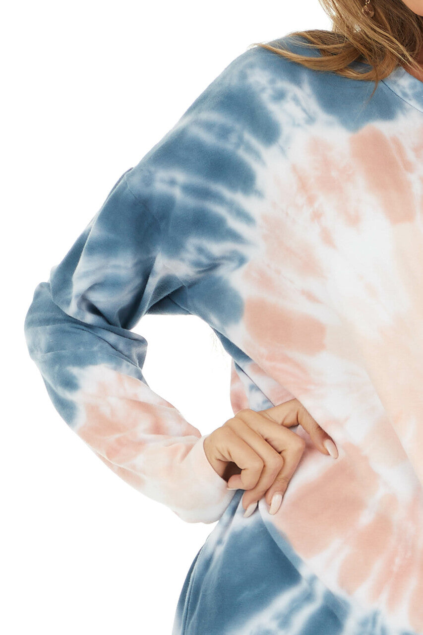 Navy Blue and Salmon Tie Dye Long Sleeve Knit Crewneck Top