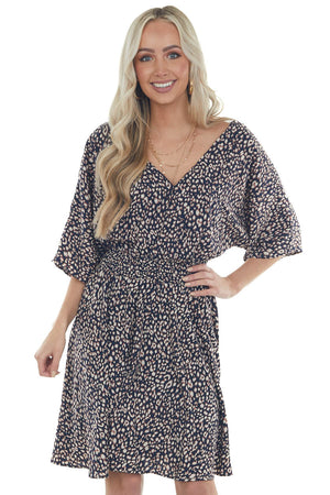 Navy Blue Leopard Print Surplice Half Sleeve Short Dress