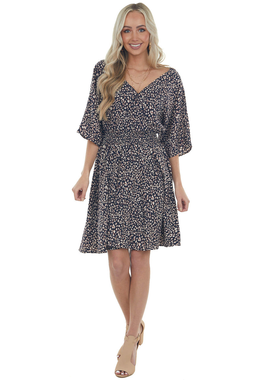 Navy Blue Leopard Print Surplice Half Sleeve Short Dress