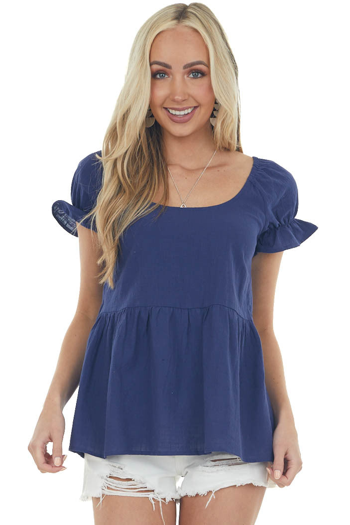 Navy Blue Puff Sleeve Peplum Blouse