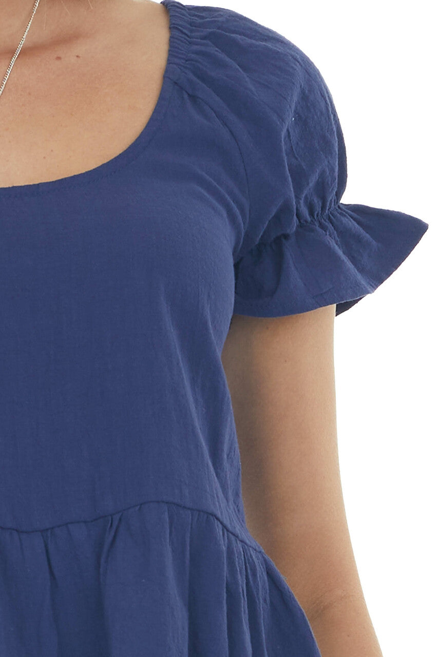 Navy Blue Puff Sleeve Peplum Blouse