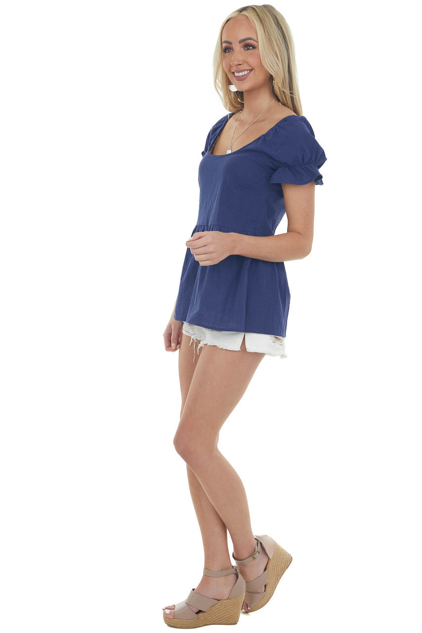 Navy Blue Puff Sleeve Peplum Blouse