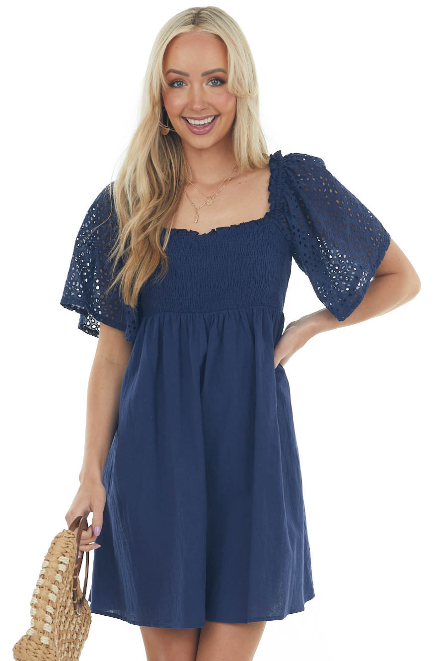 Navy Eyelet Lace Sleeve Smocked Babydoll Dress