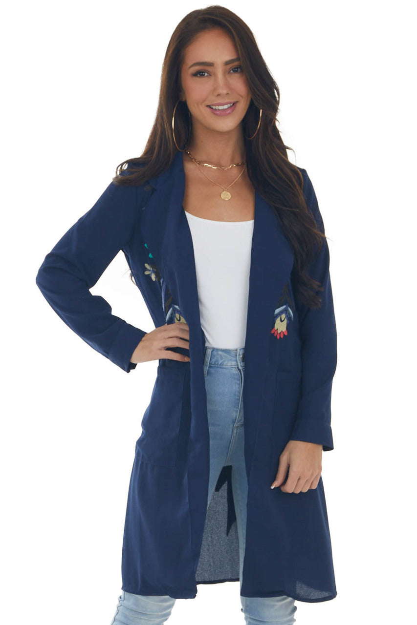 Navy Floral Embroidered Open Midi Jacket 