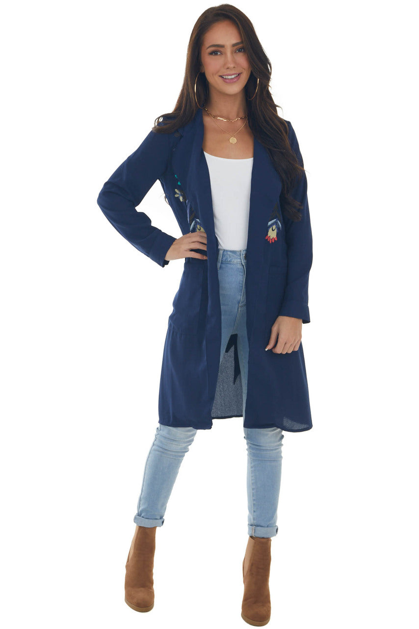 Navy Floral Embroidered Open Midi Jacket 