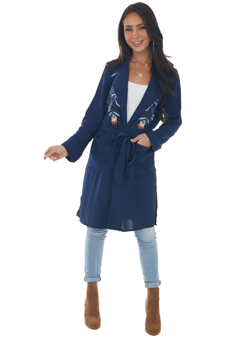 Navy Floral Embroidered Open Midi Jacket 