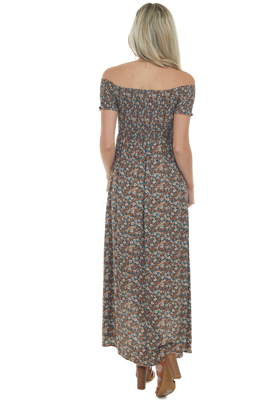 Navy Floral Off Shoulder Smocked Maxi Dress
