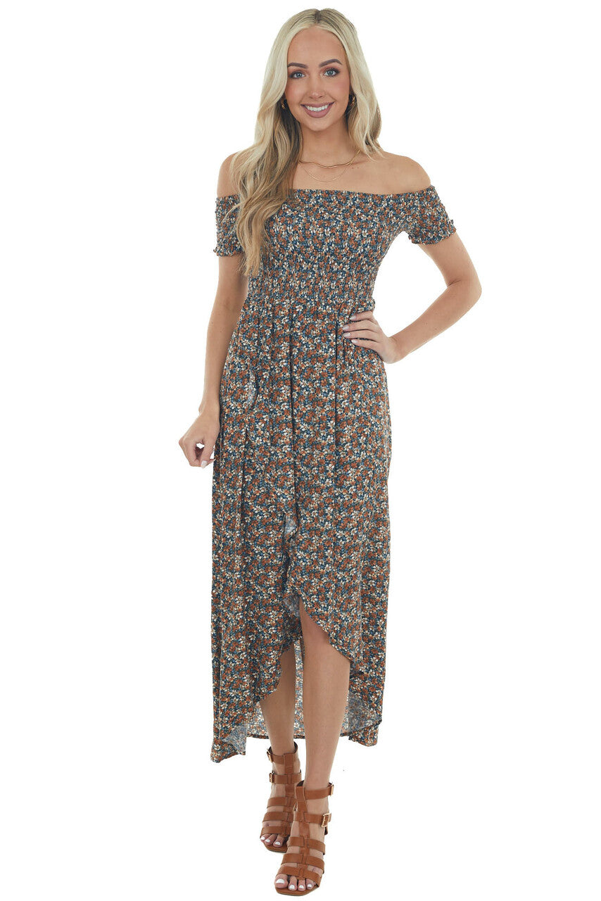 Navy Floral Off Shoulder Smocked Maxi Dress