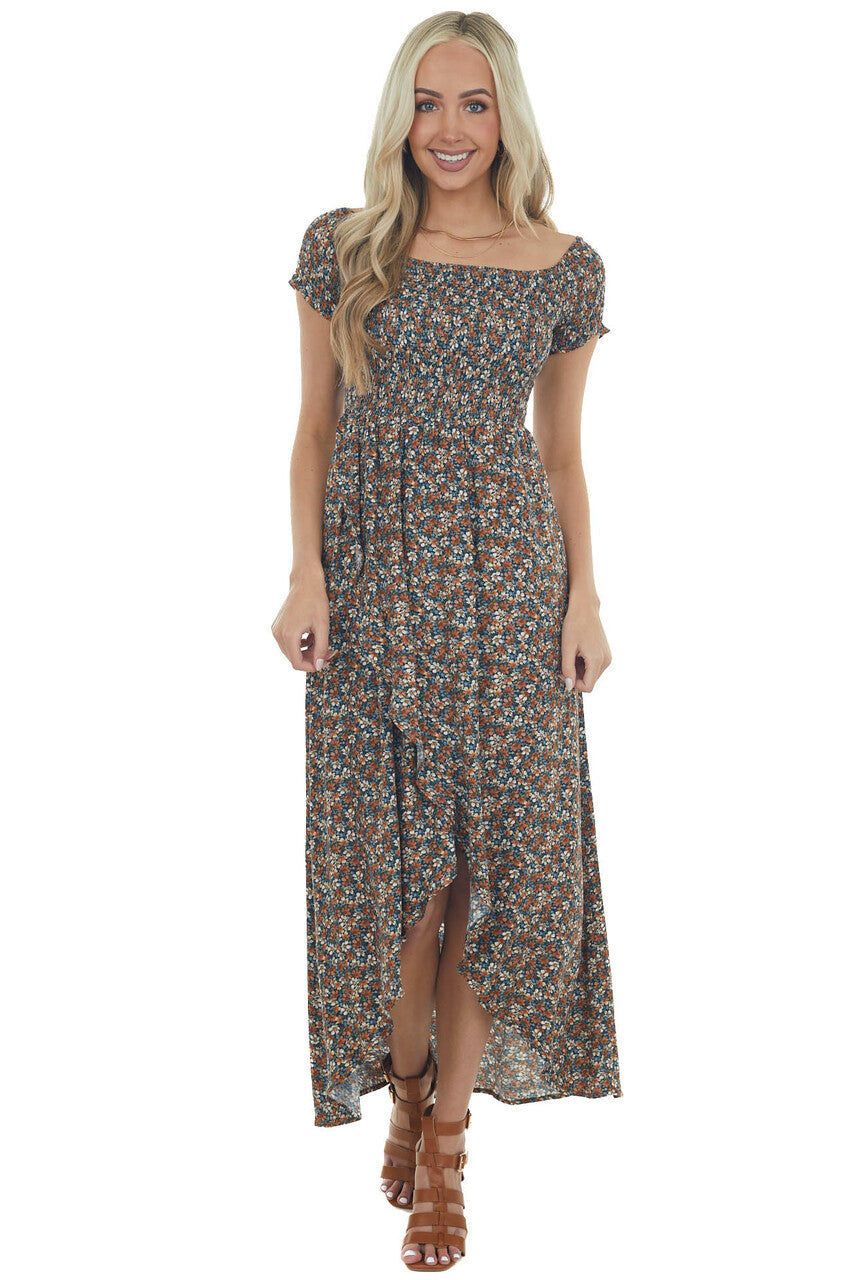 Navy Floral Off Shoulder Smocked Maxi Dress