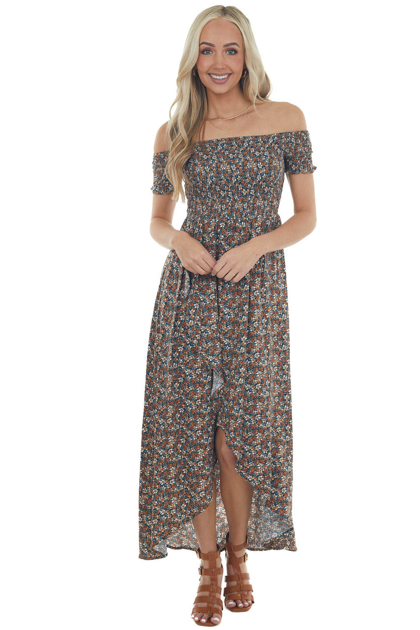 Navy Floral Off Shoulder Smocked Maxi Dress
