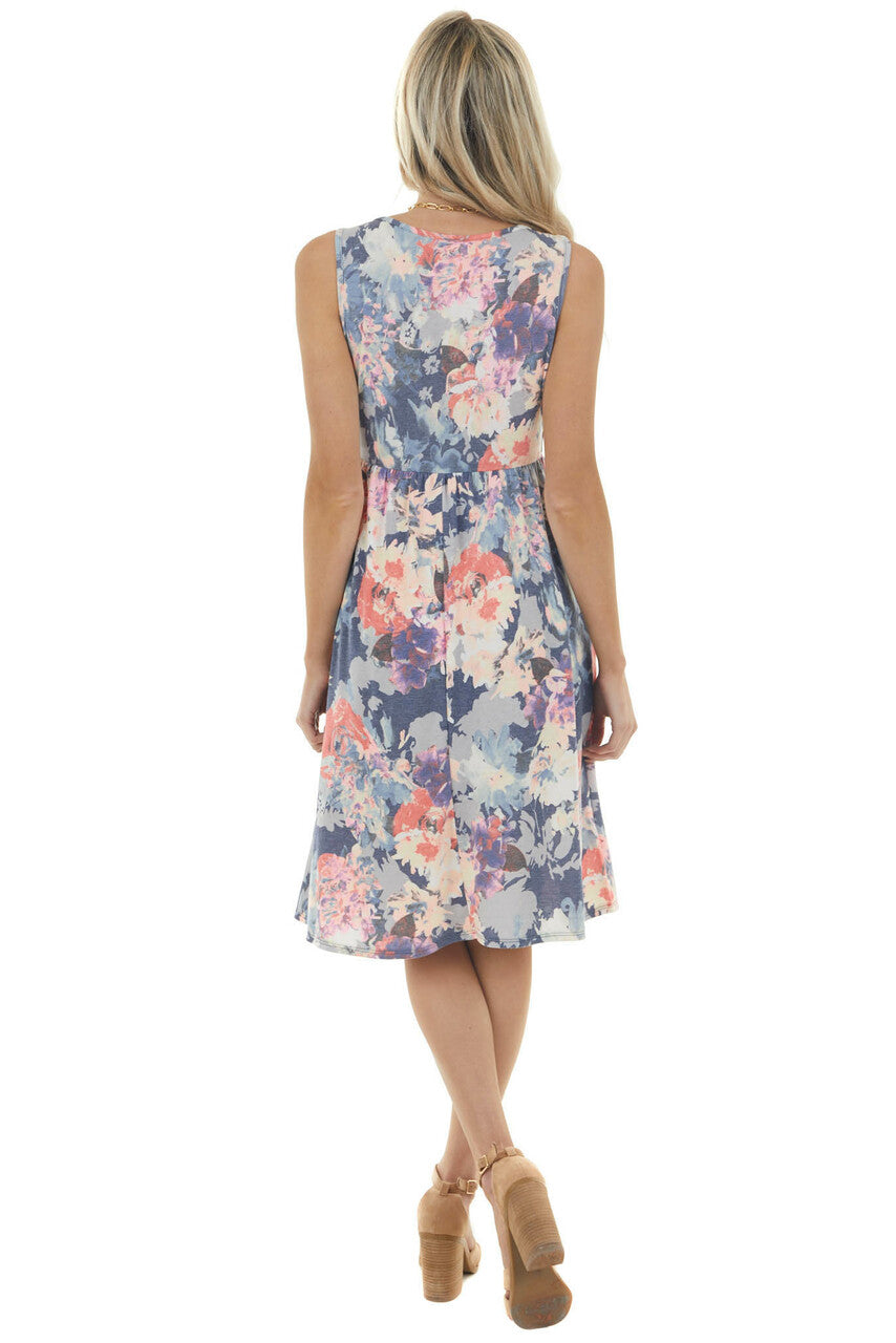 Navy Floral Print Drop Waist Sleeveless Short Knit Dress