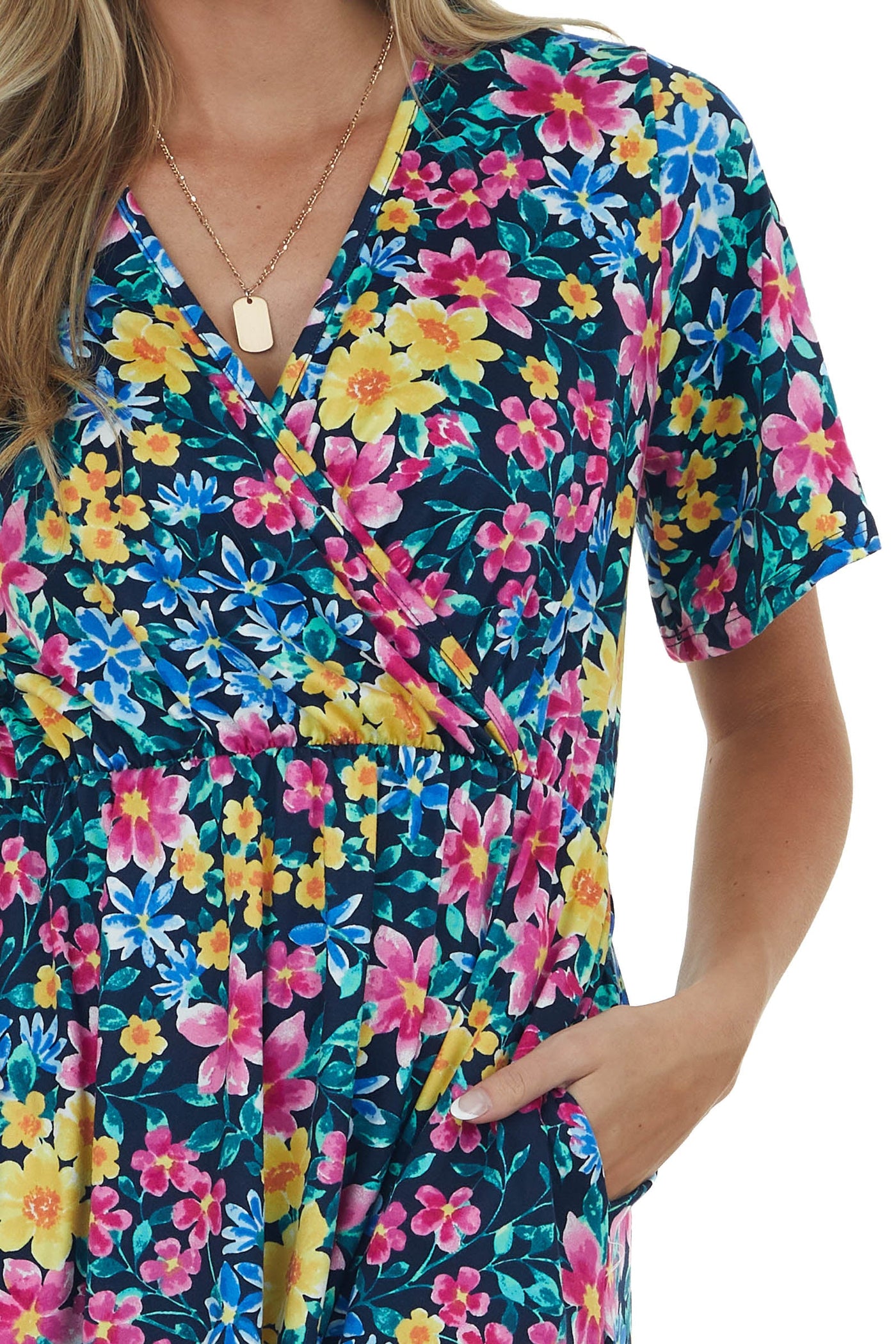 Navy Floral Print Surplice Knit Short Dress