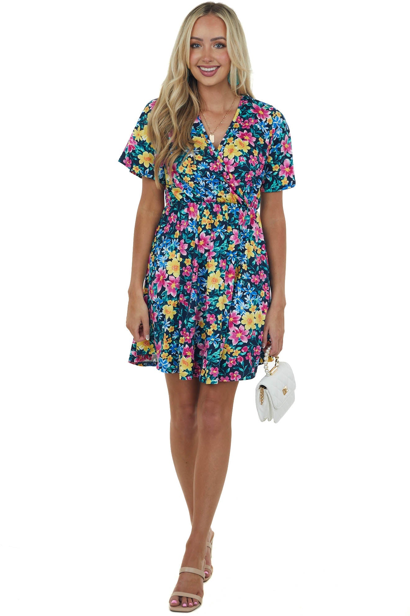 Navy Floral Print Surplice Knit Short Dress