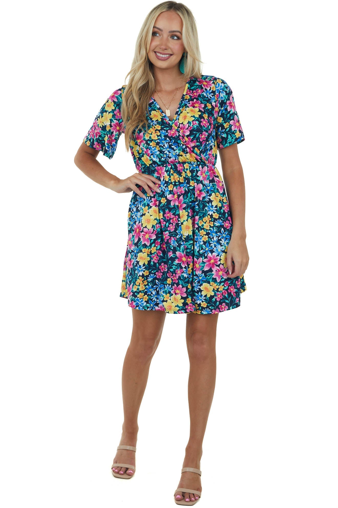 Navy Floral Print Surplice Knit Short Dress