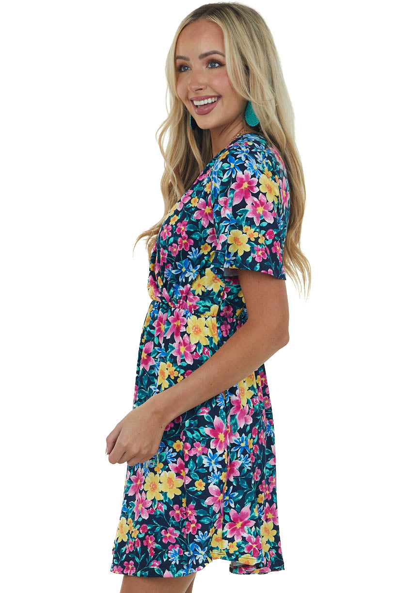 Navy Floral Print Surplice Knit Short Dress