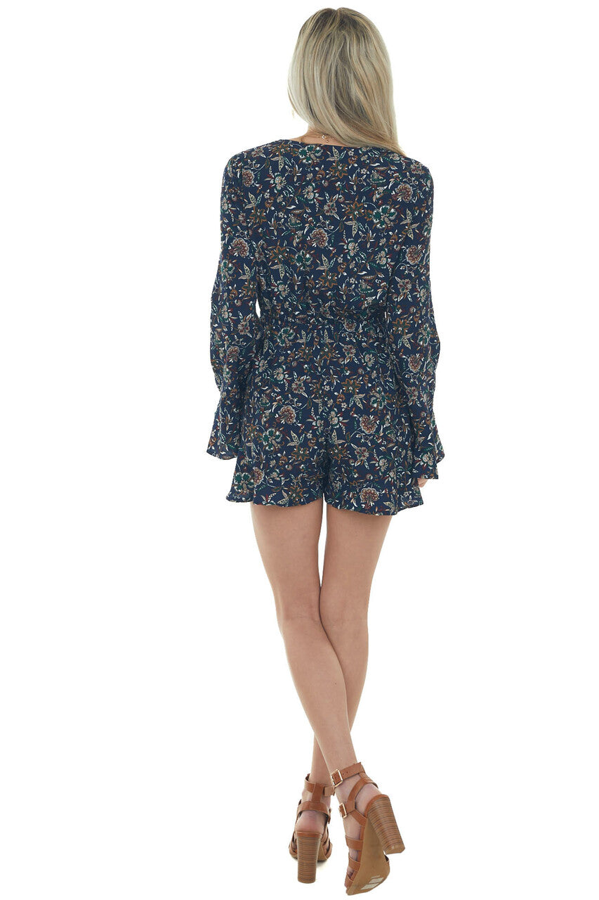 Navy Floral Print V Neck Long Sleeve Romper