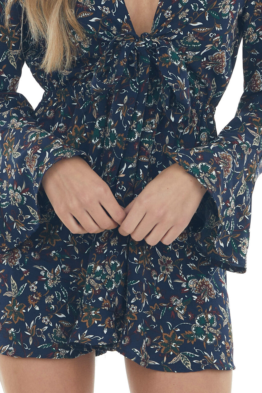 Navy Floral Print V Neck Long Sleeve Romper