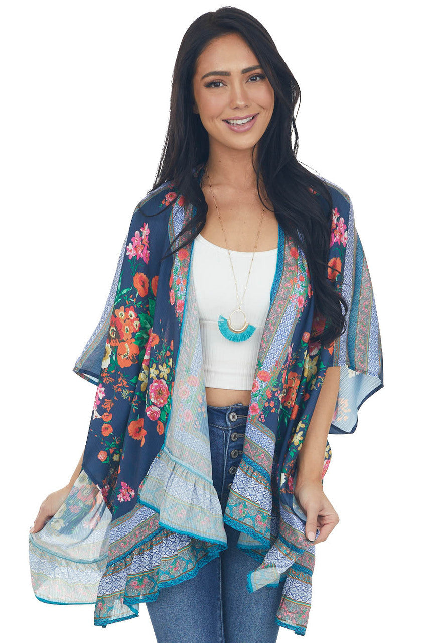 Navy Floral Short Sleeve Open Front Kimono