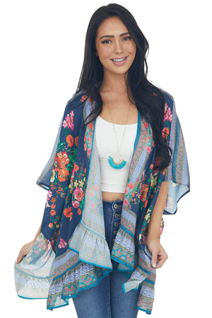 Navy Floral Short Sleeve Open Front Kimono