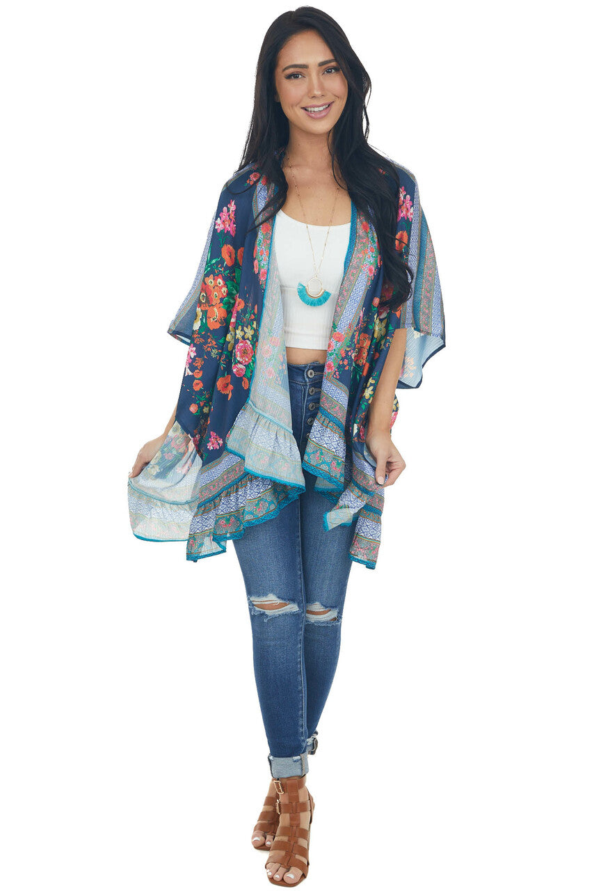 Navy Floral Short Sleeve Open Front Kimono