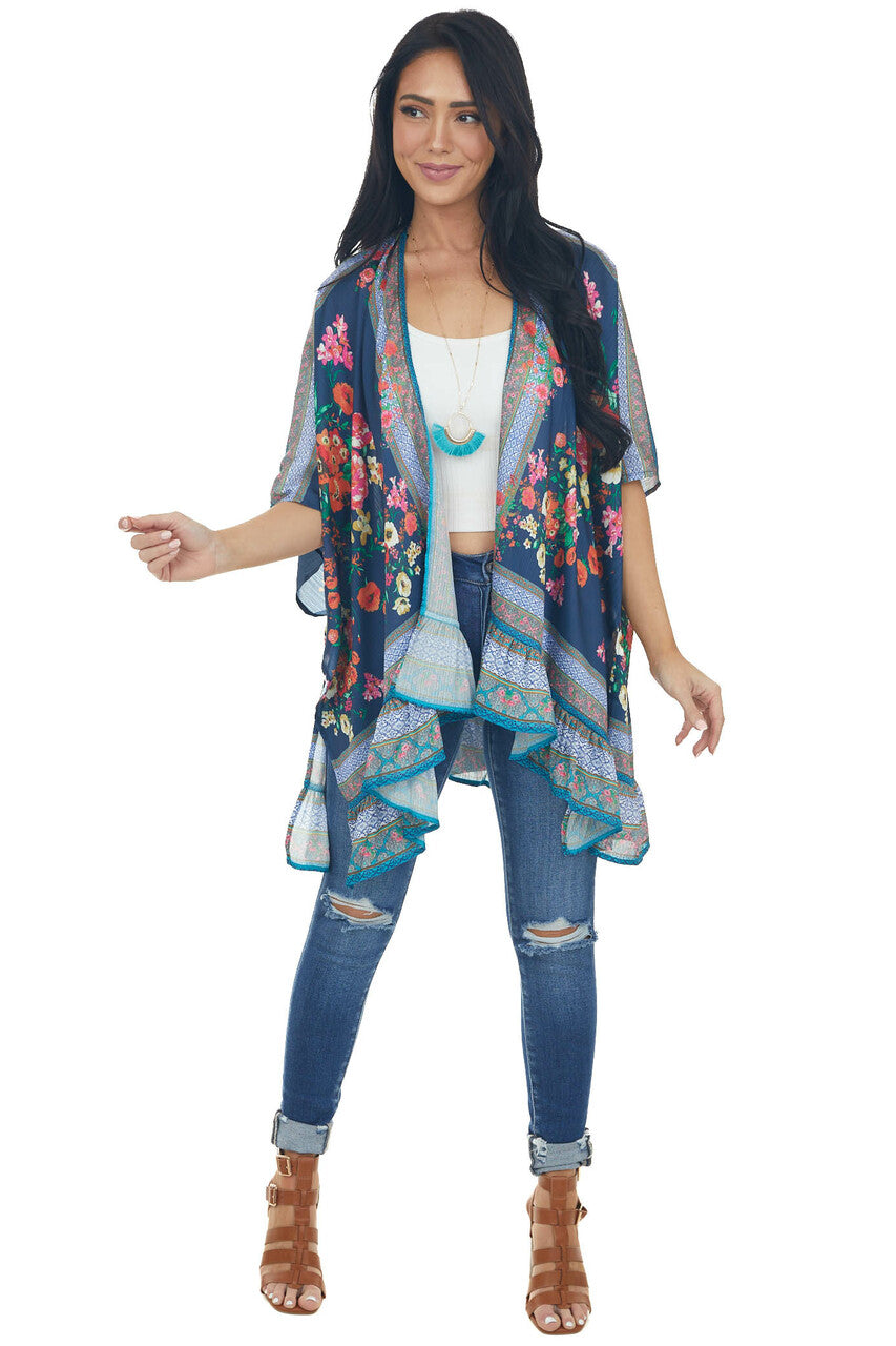 Navy Floral Short Sleeve Open Front Kimono