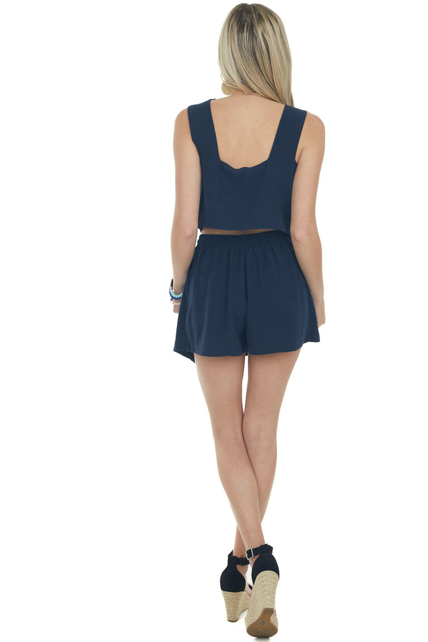 Navy Linen Square Neck Cropped Tank Top