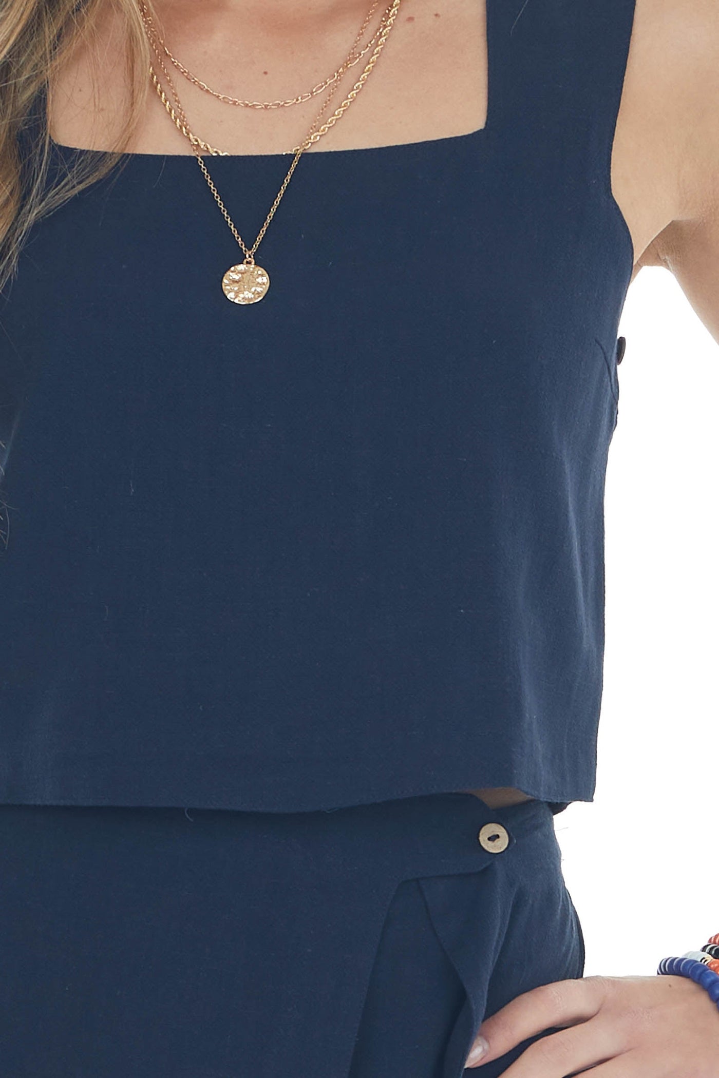 Navy Linen Square Neck Cropped Tank Top