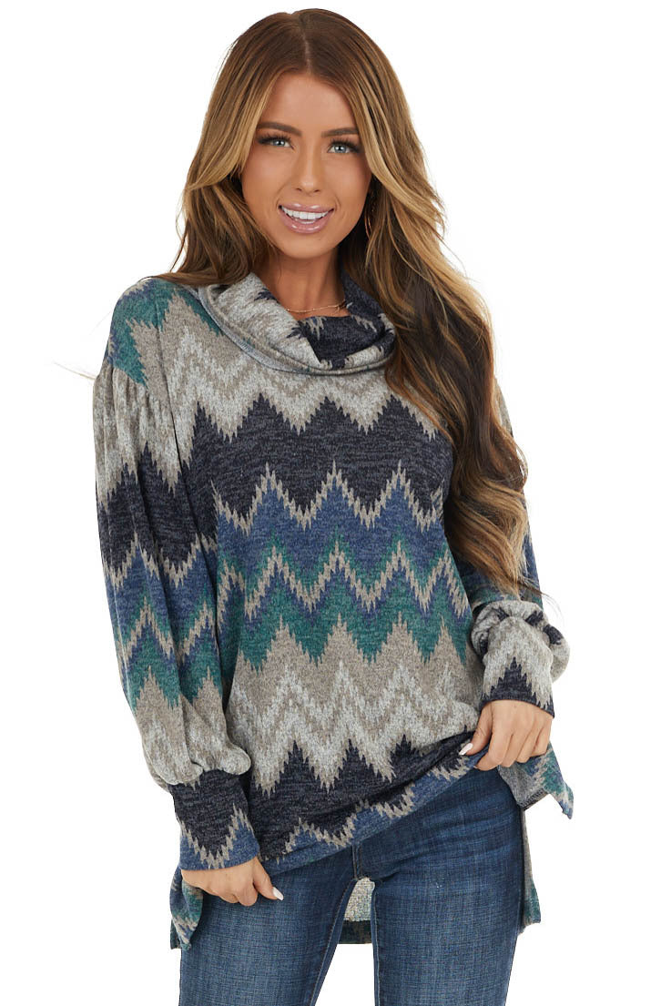 Navy Multicolor Zigzag Print Knit Top with Cowl Neck