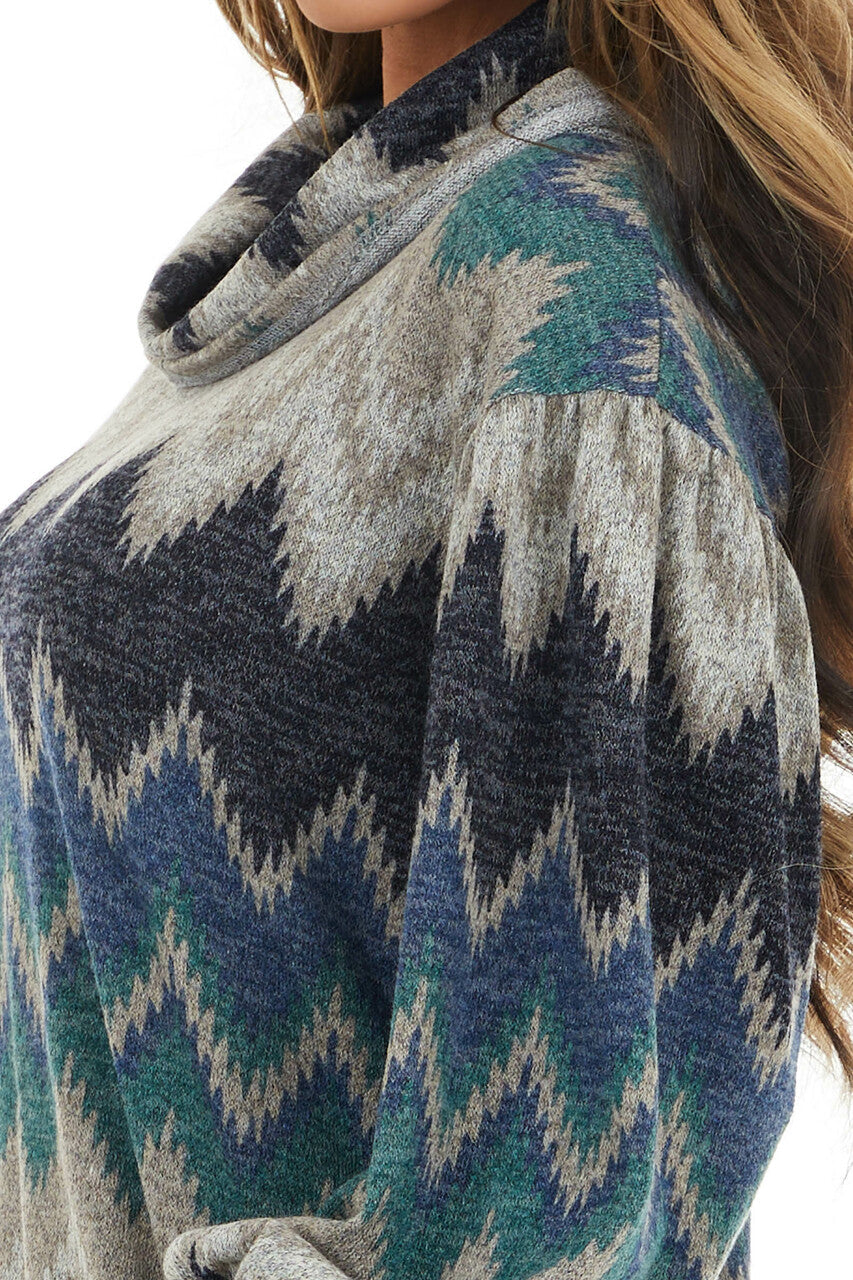 Navy Multicolor Zigzag Print Knit Top with Cowl Neck