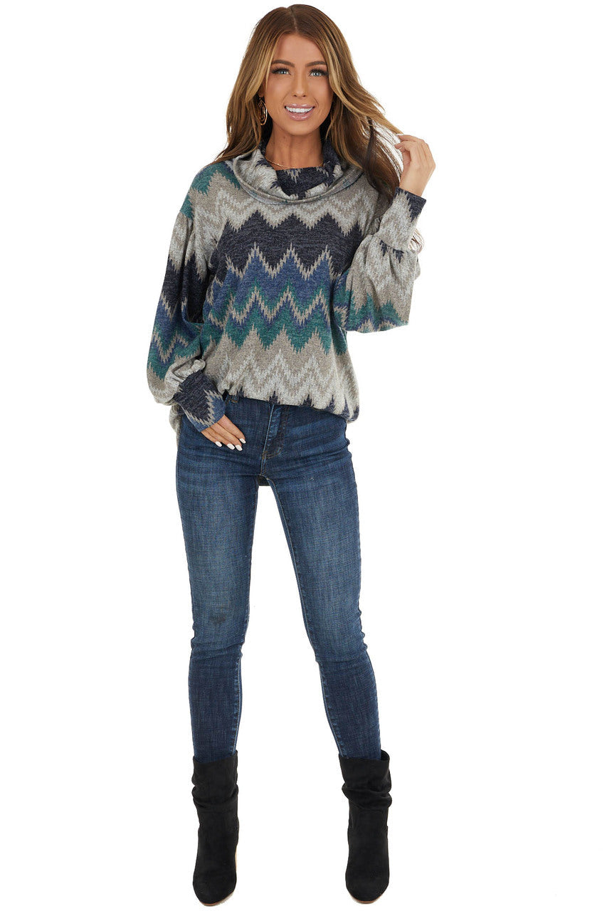 Navy Multicolor Zigzag Print Knit Top with Cowl Neck