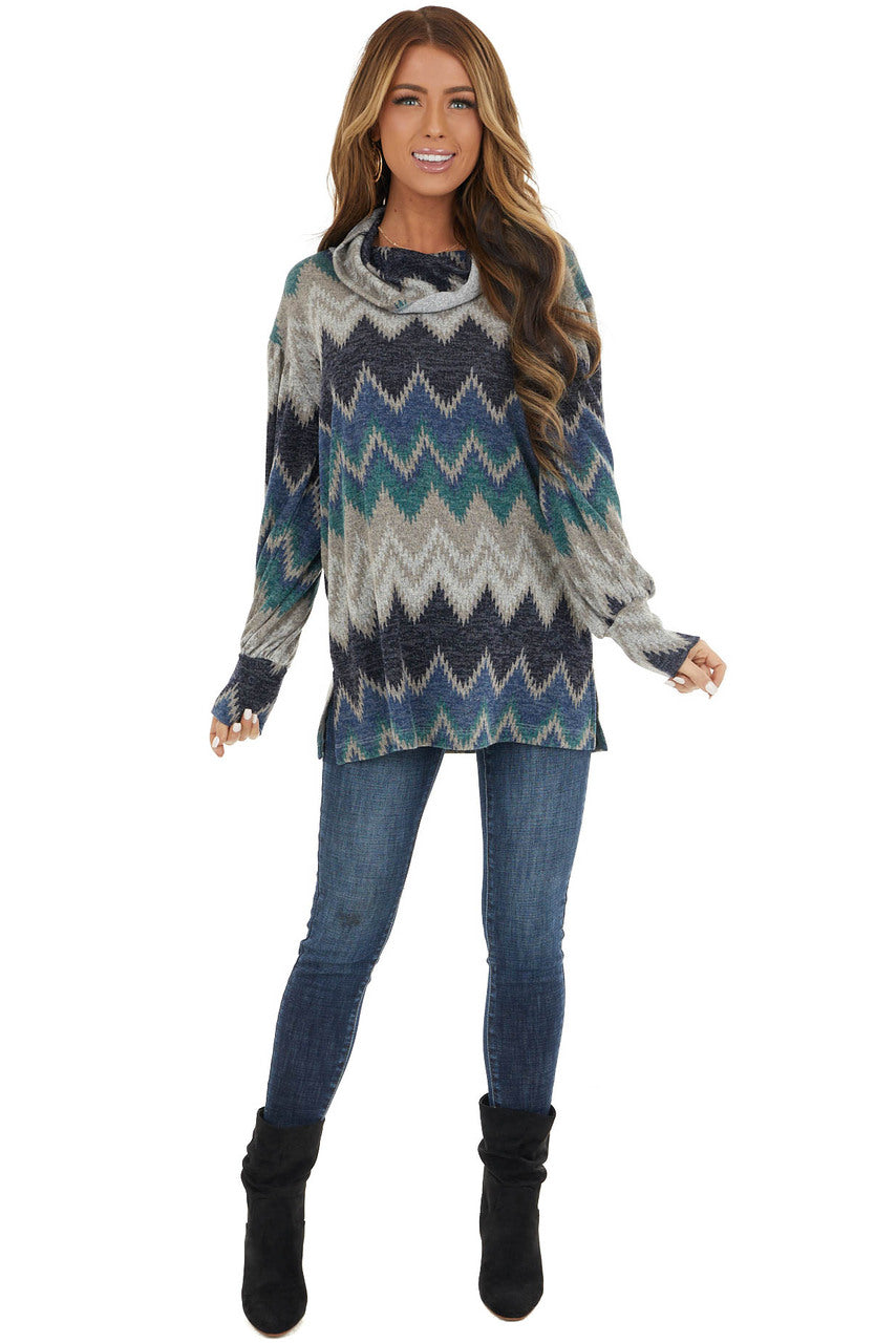 Navy Multicolor Zigzag Print Knit Top with Cowl Neck