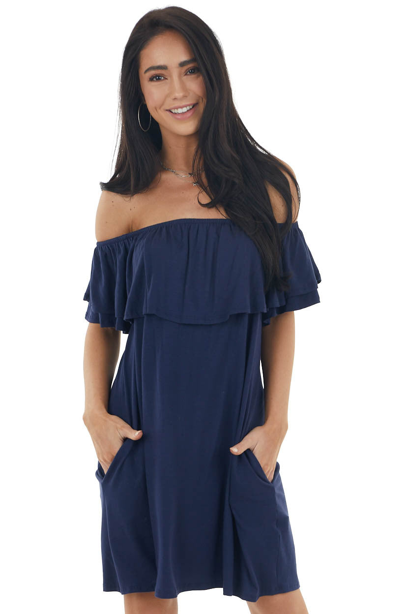 Navy Off the Shoulder Mini Dress with Ruffle Overlay